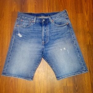 Levi’s 501 Men’s Denim Jean Shorts W30 Blue Distressed Button Zip Classic Casual